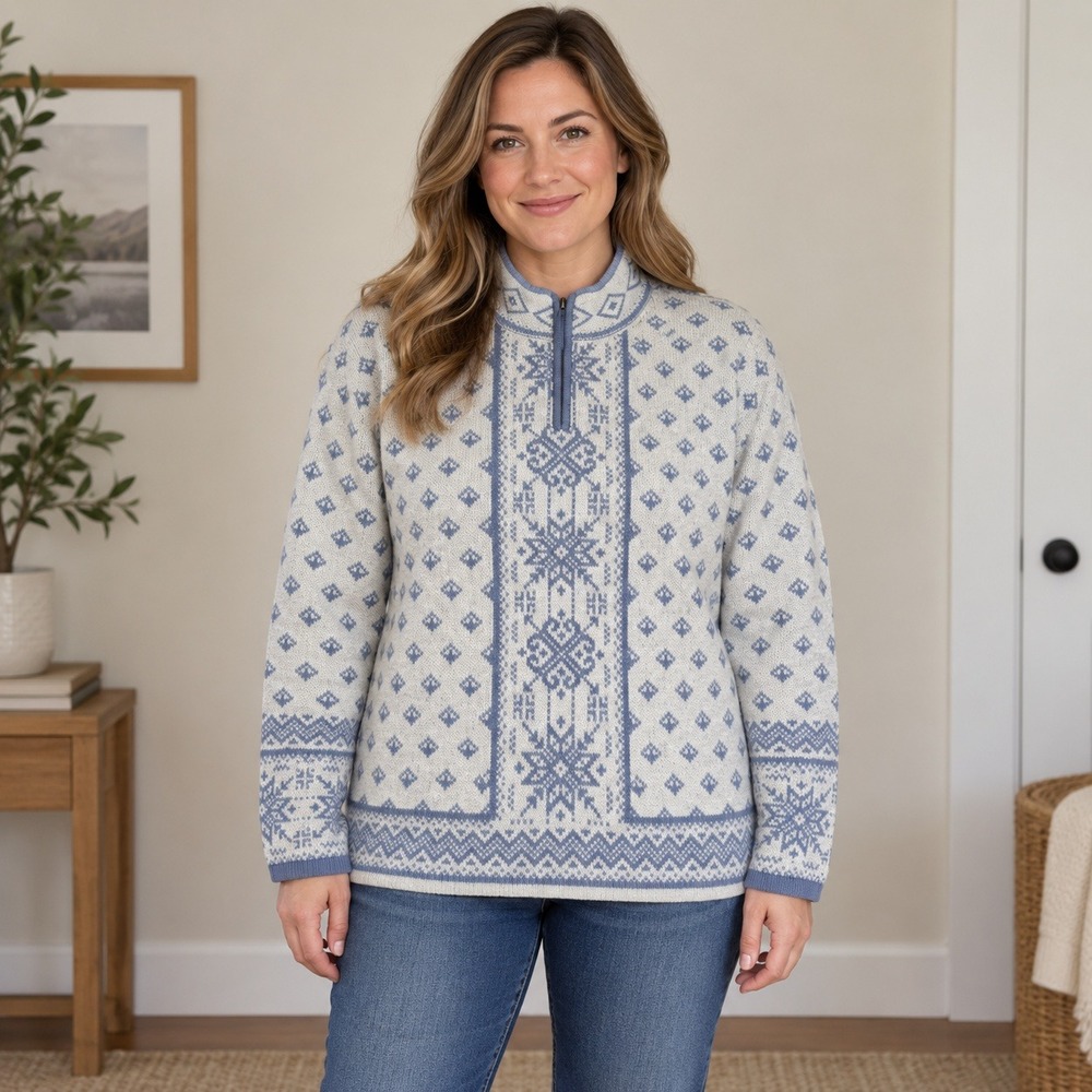 Orvis Blue Nordic Snowflake Sweater Womens XL Wool Cotton Blend Quarter Zip *